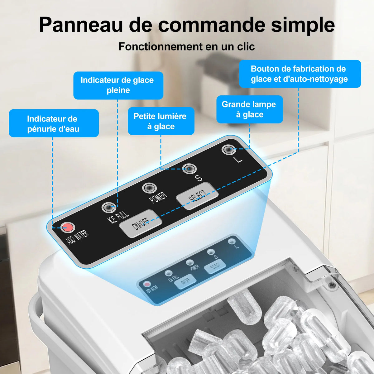Machine à glaçons de comptoir avec deux tailles et nettoyage automatique
