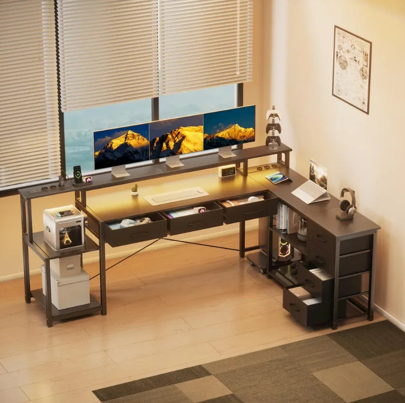 Bureau d'angle avec tiroirs, prises USB et étagère d'écran