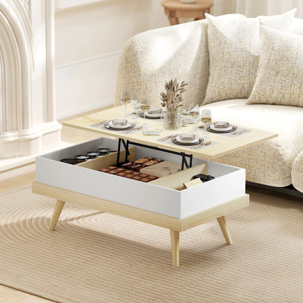 Table basse relevable scandinave avec trois rangements cachés