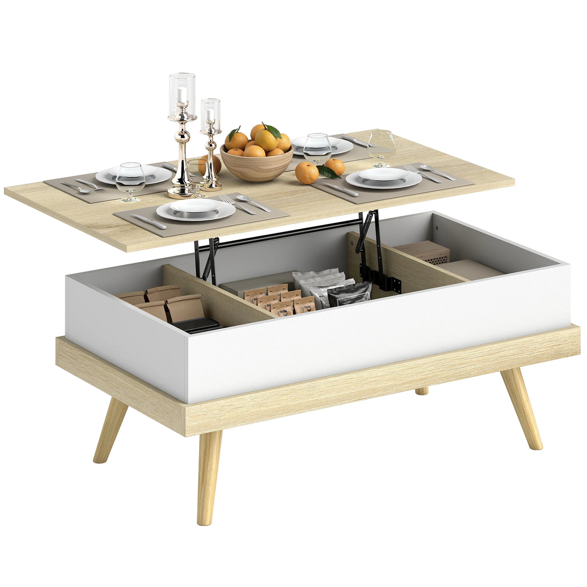 Table basse relevable scandinave avec trois rangements cachés