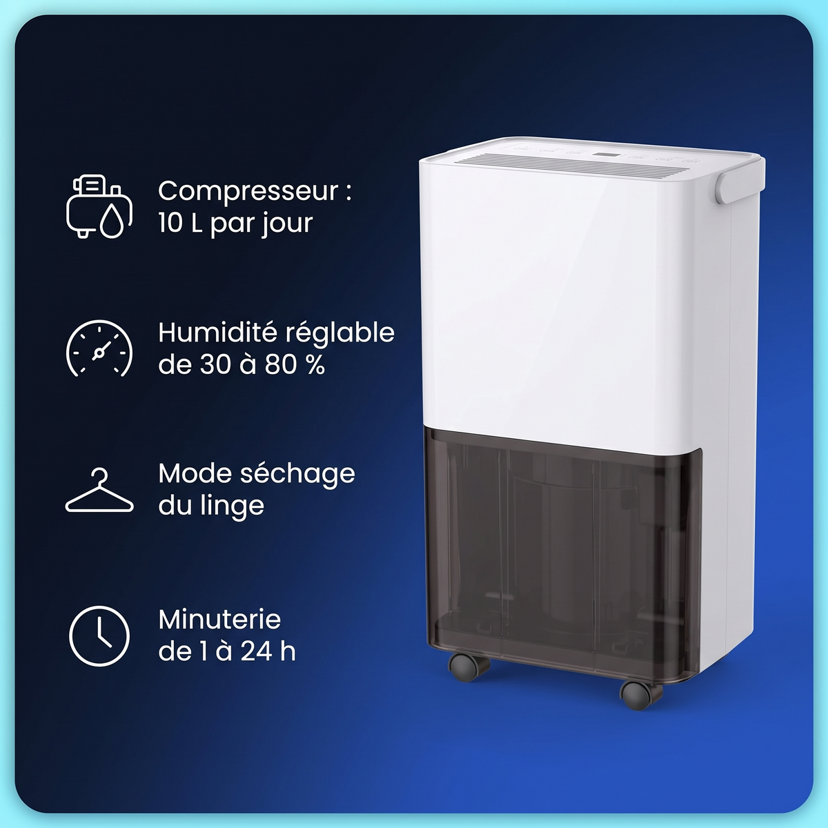 Déshumidificateur à compresseur 10 litres avec humidité réglable : points forts