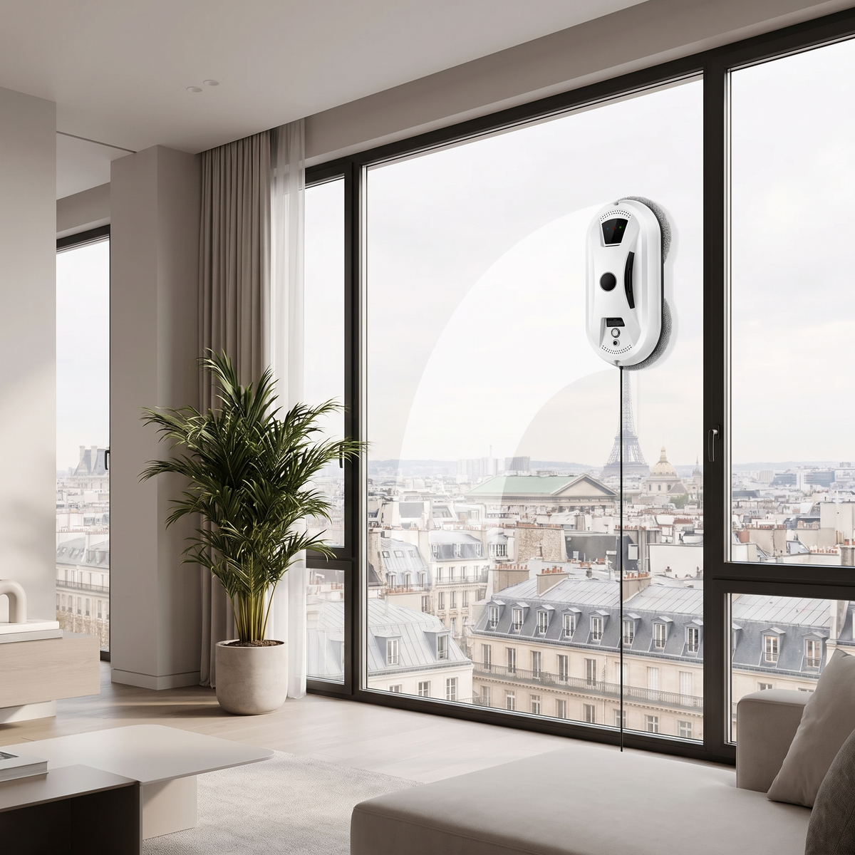Robot laveur de vitres intelligent avec télécommande dans un intérieur