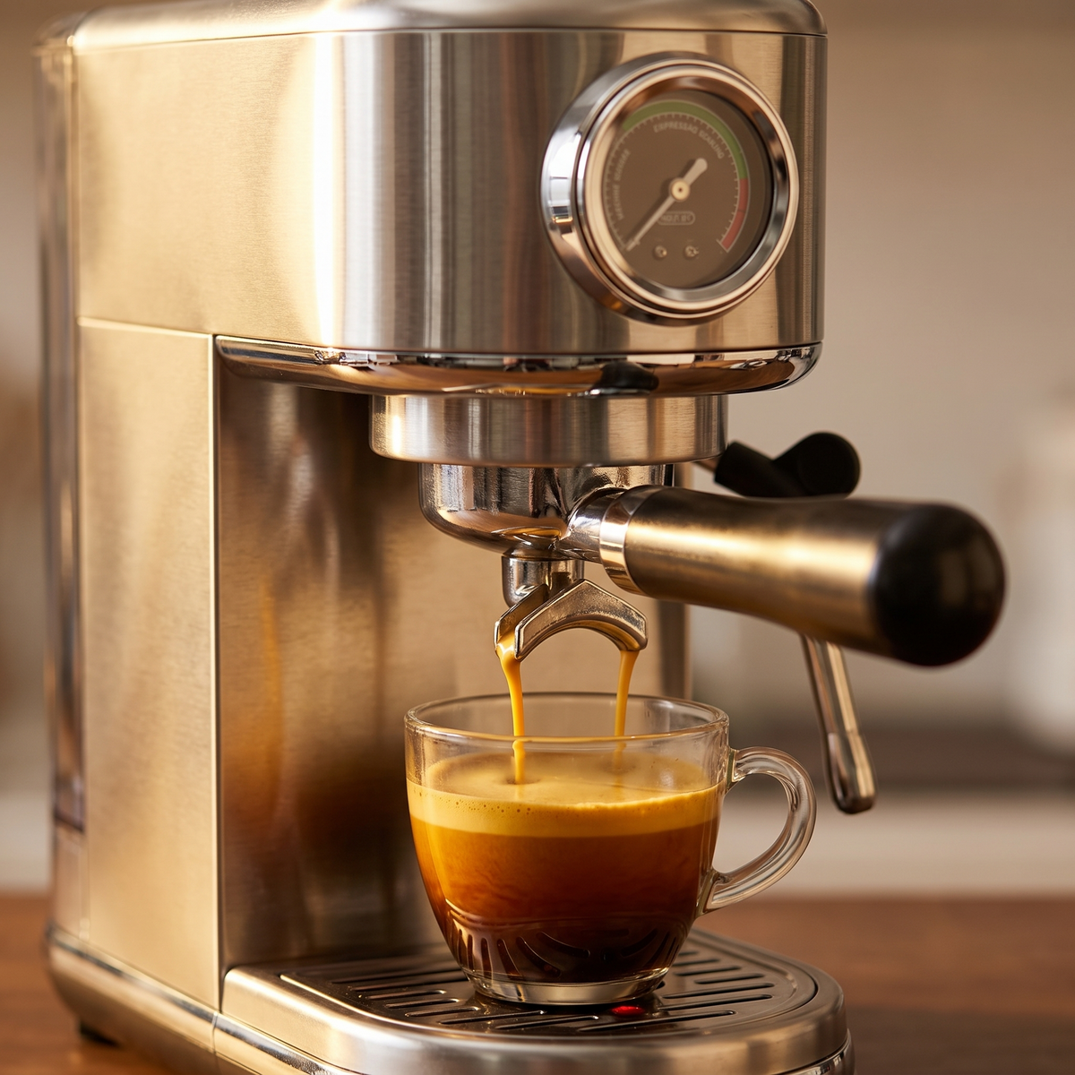Machine expresso 20 bars avec manomètre et buse vapeur, vue de détail