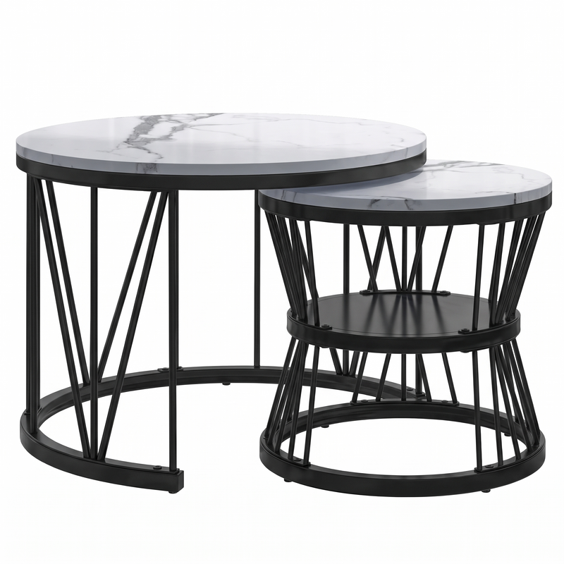 Tables basses gigognes rondes motif marbre et métal noir