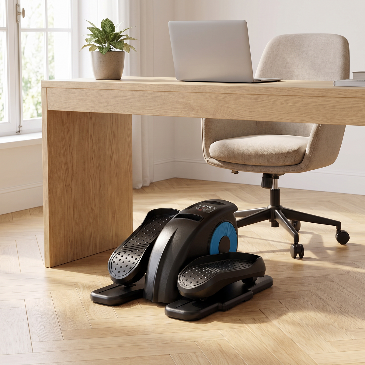 Mini vélo elliptique électrique sous bureau avec télécommande dans un intérieur