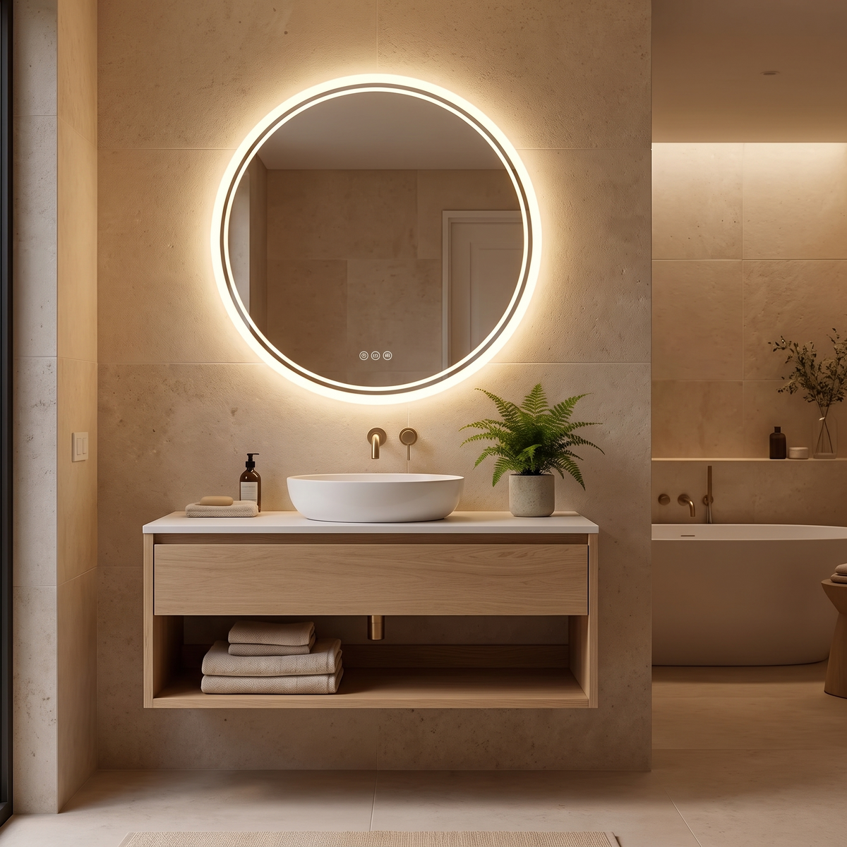 Miroir rond lumineux 80 cm à commande tactile et désembuage dans un intérieur