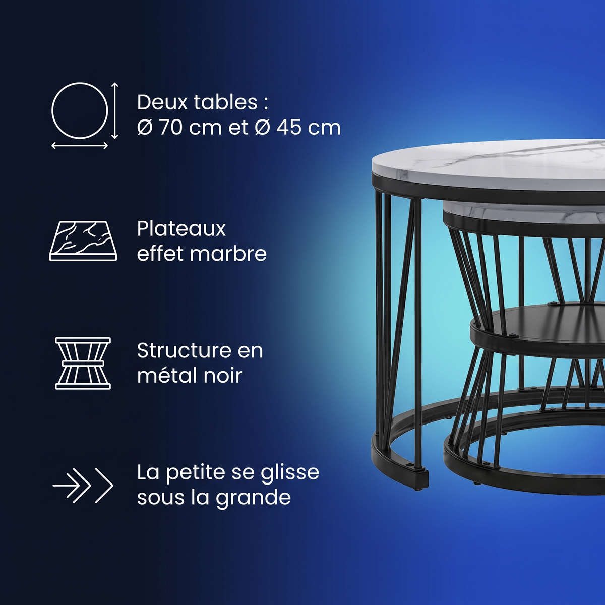 Tables basses gigognes rondes motif marbre et métal noir : points forts