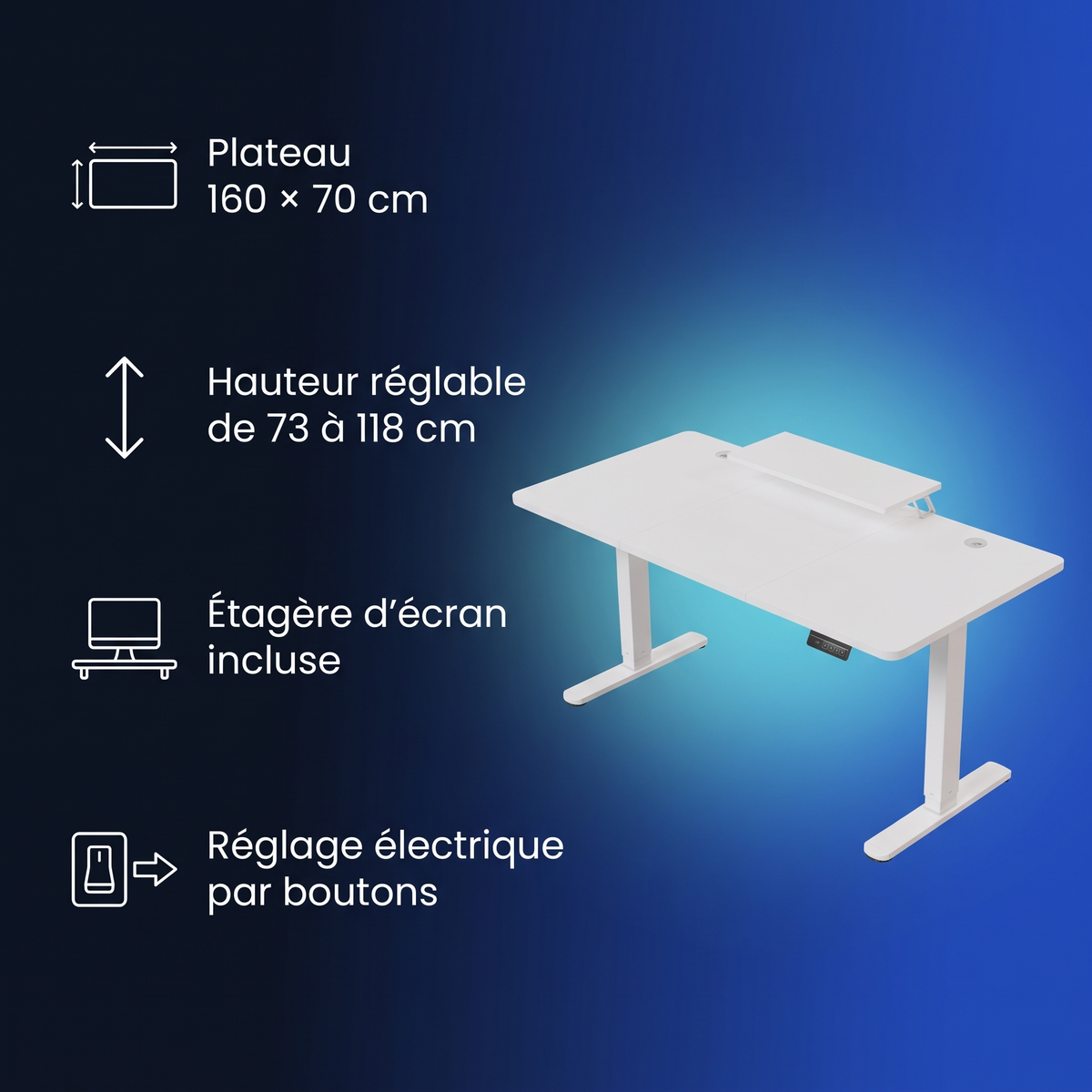 Bureau électrique réglable en hauteur 160 x 70 cm : points forts