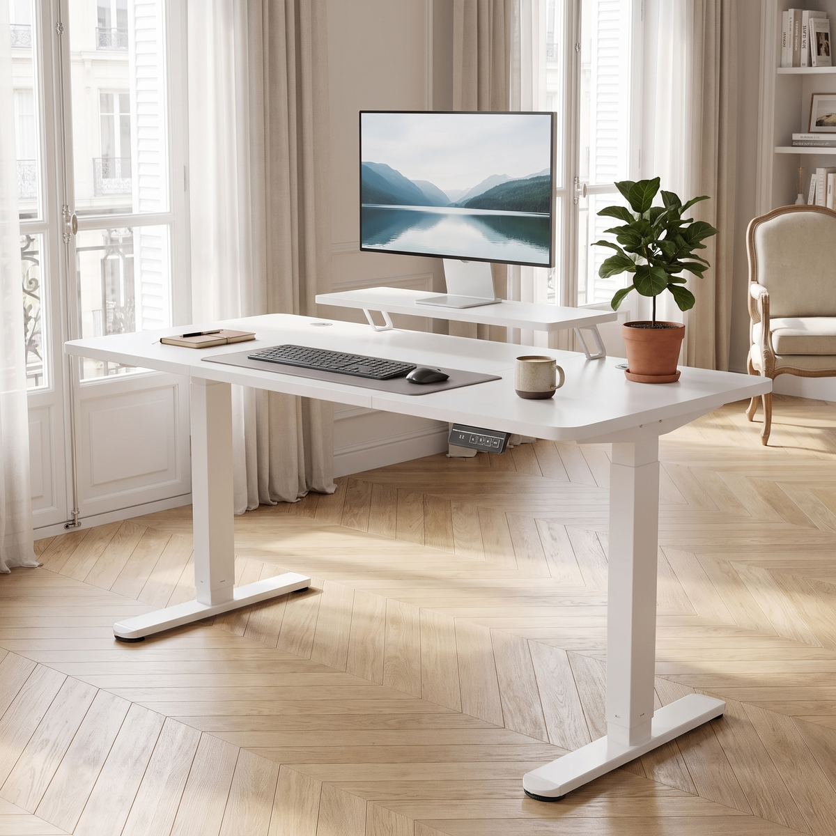 Bureau électrique réglable en hauteur 160 x 70 cm dans un intérieur