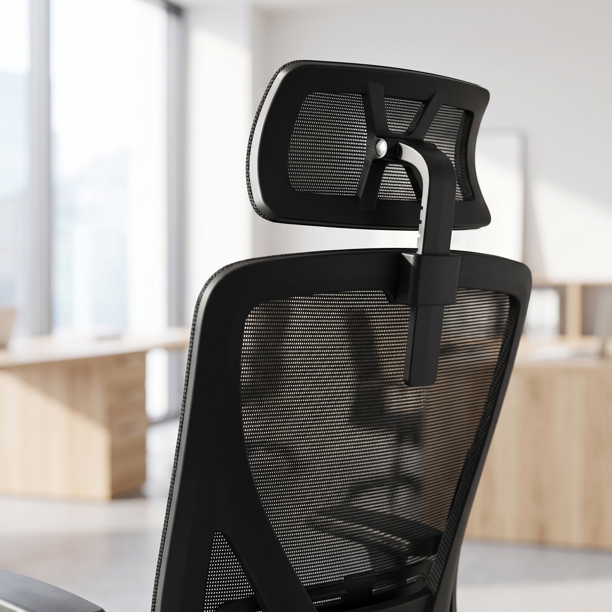 Fauteuil de bureau en maille respirante avec têtière réglable, vue de détail