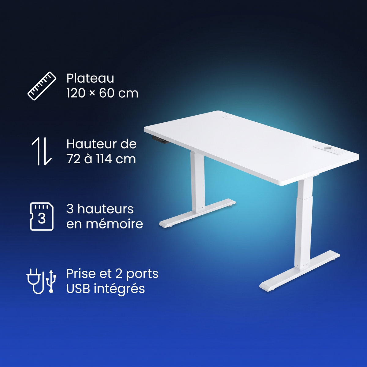 Bureau électrique à écran tactile, trois mémoires et prise USB, vue de détail