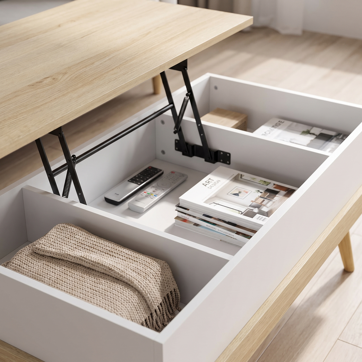 Table basse relevable scandinave avec trois rangements cachés, vue de détail
