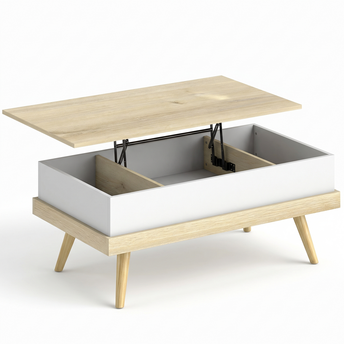 Table basse relevable scandinave avec trois rangements cachés