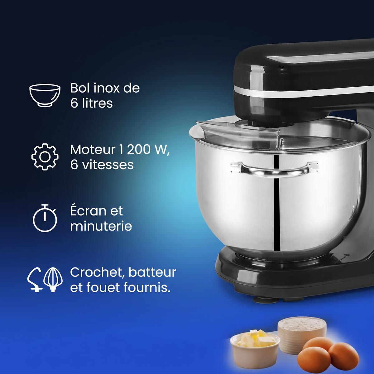 Robot pâtissier sur socle 6 litres 1 200 W avec minuterie : points forts