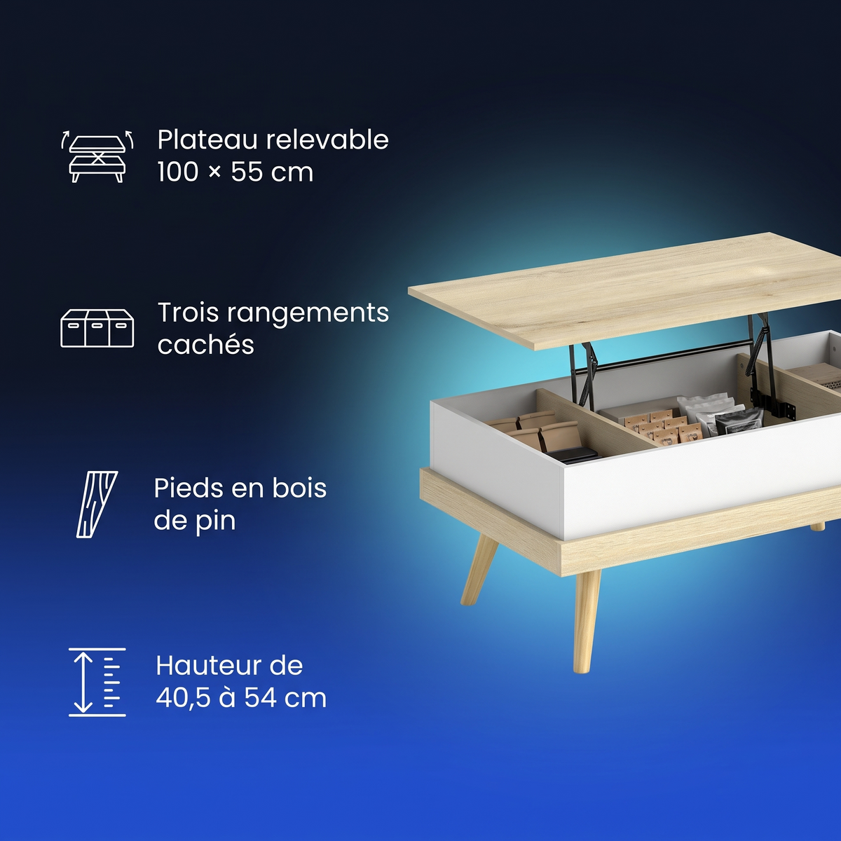 Table basse relevable scandinave avec trois rangements cachés : points forts