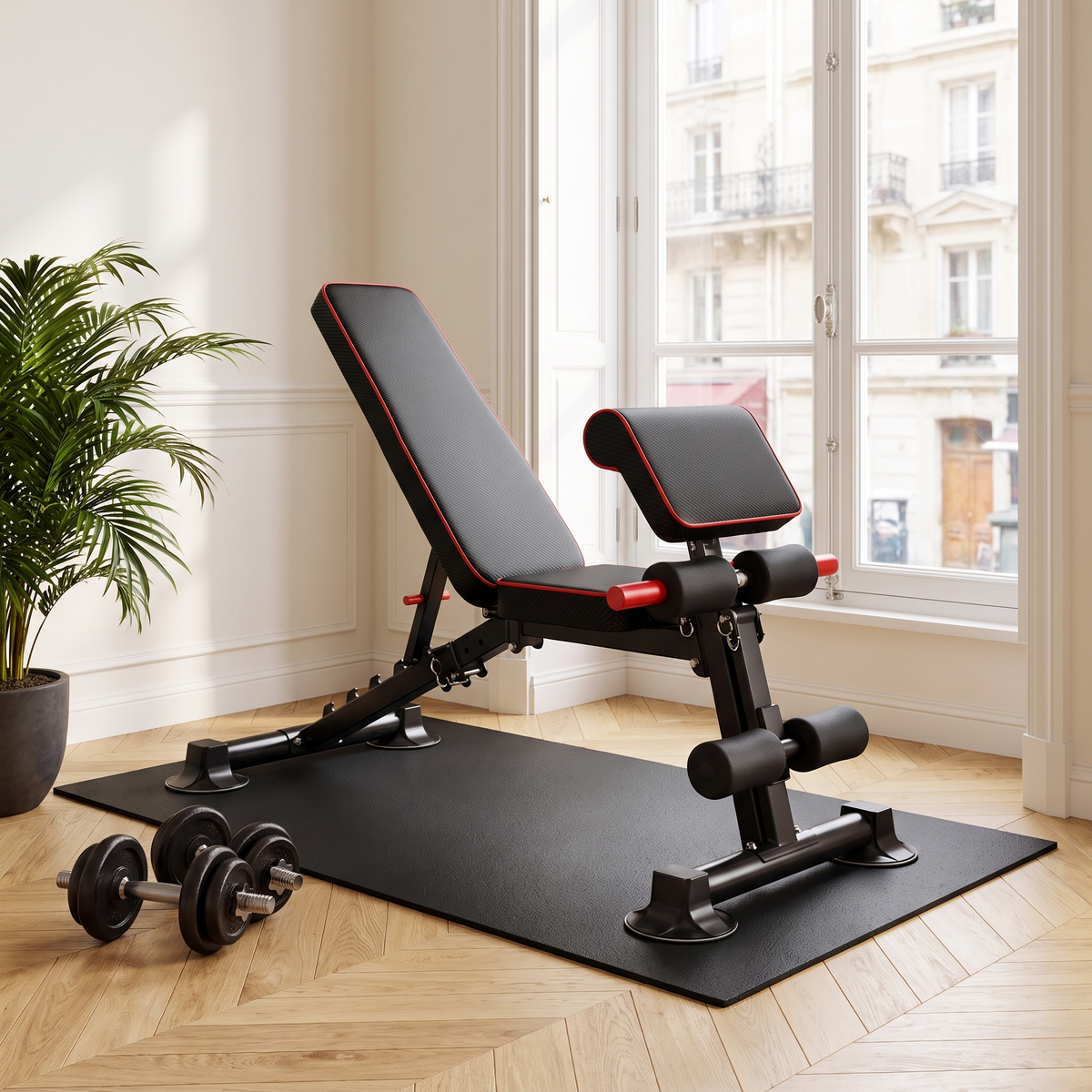 Banc de musculation pliable et réglable avec rouleaux pour les jambes dans un intérieur