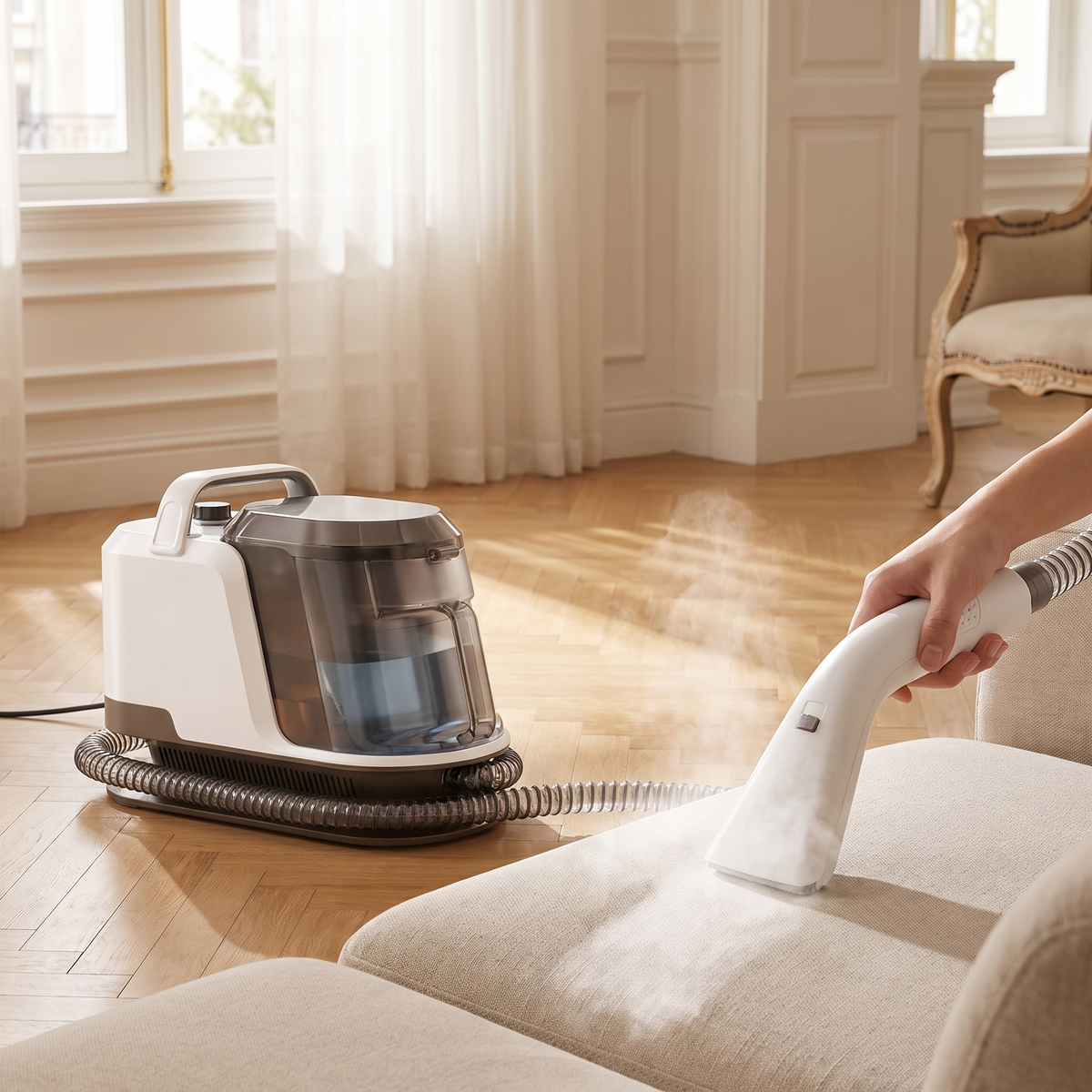 Nettoyeur vapeur pour tapis et canapés avec eau chaude dans un intérieur