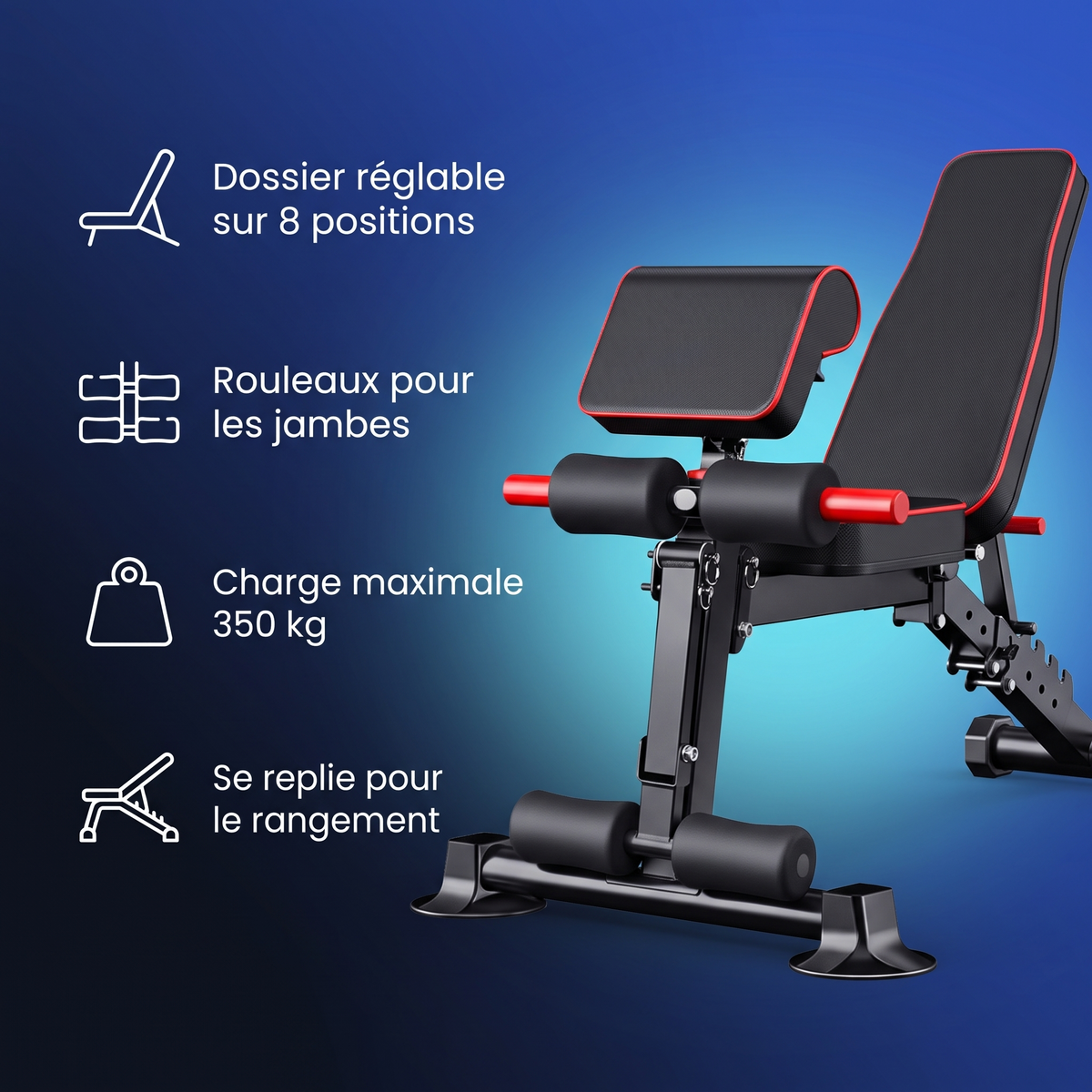 Banc de musculation pliable et réglable avec rouleaux pour les jambes : points forts