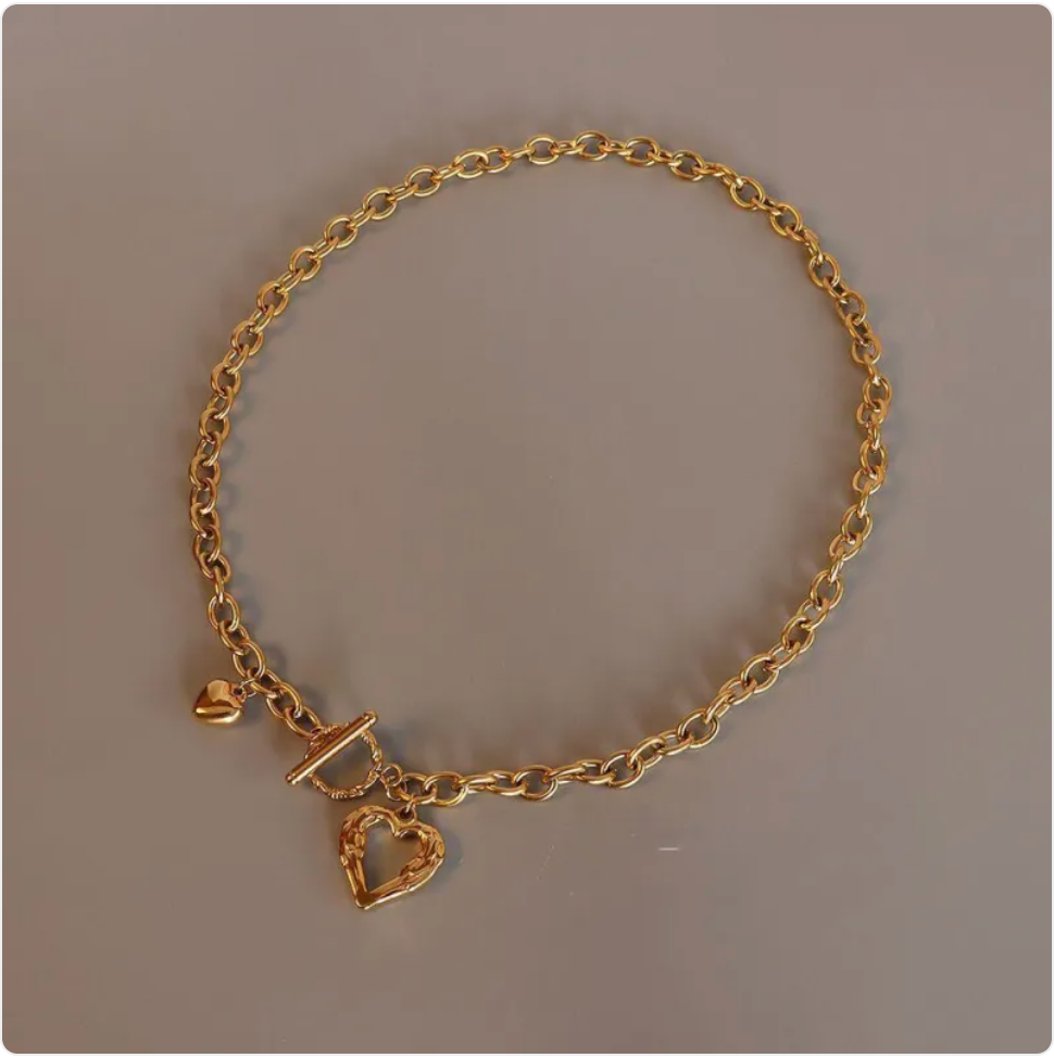 Collier Cœur Pêche — Acier Titane Doré 18K