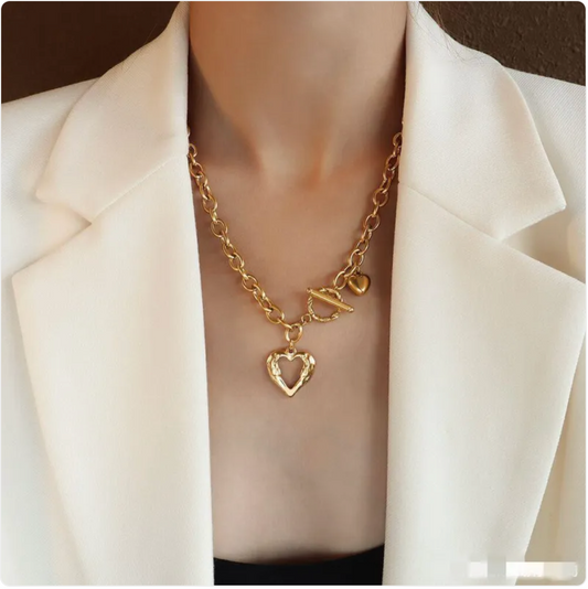 Collier Cœur Pêche — Acier Titane Doré 18K