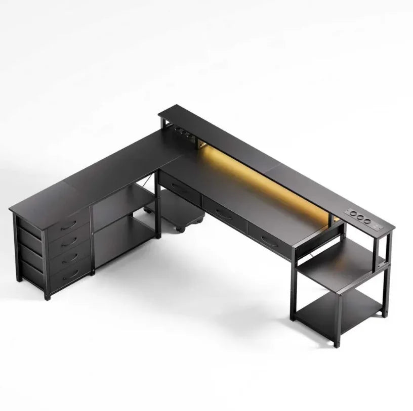 Bureau d'angle avec tiroirs, prises USB et étagère d'écran