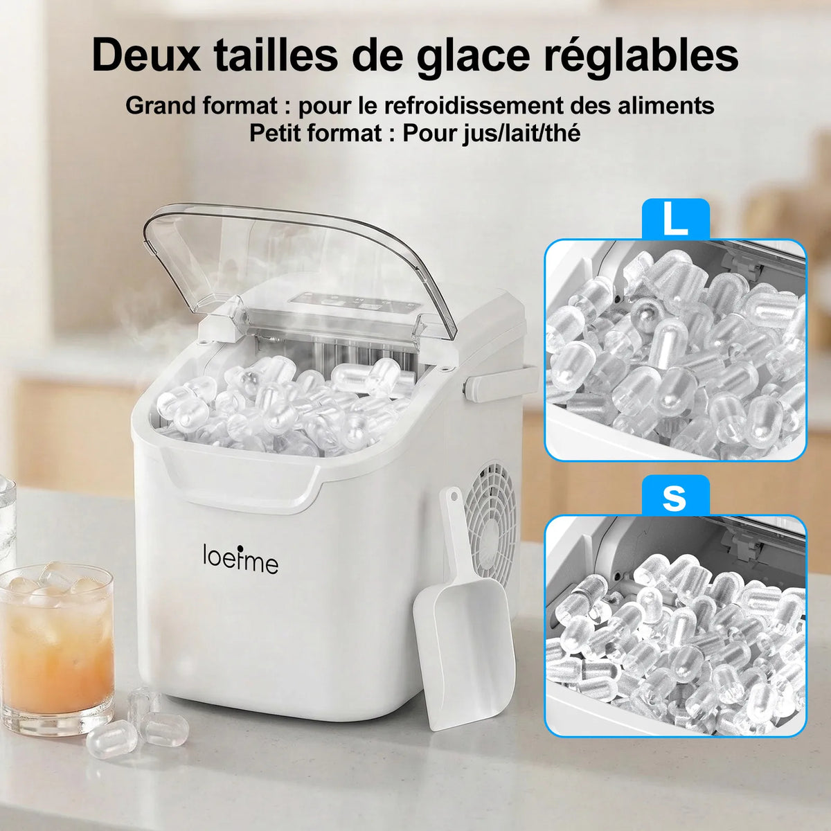 Machine à glaçons de comptoir avec deux tailles et nettoyage automatique