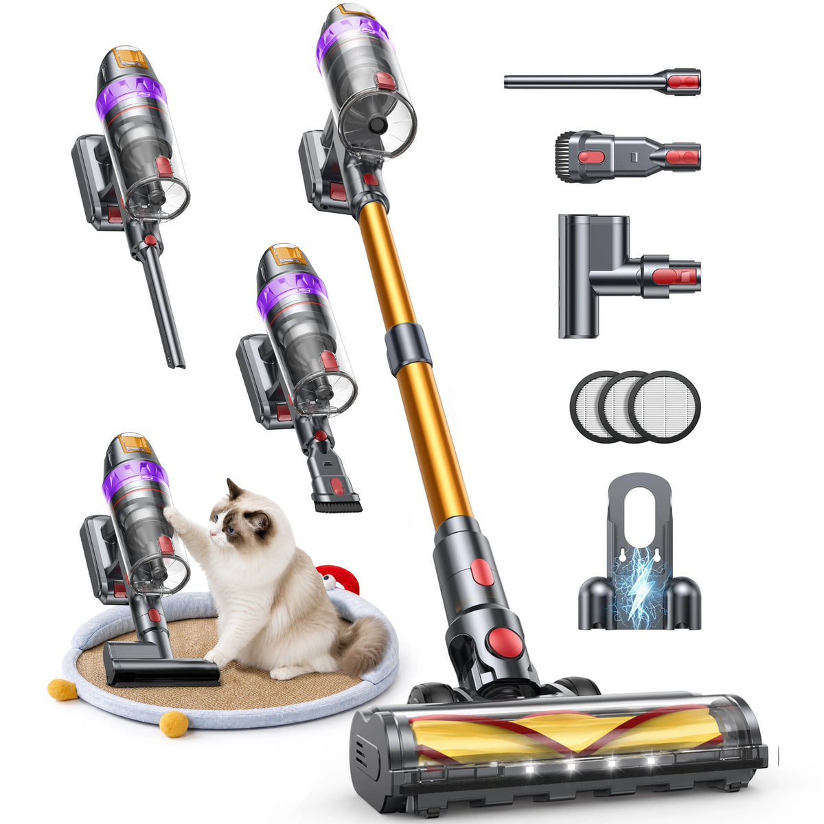 Aspirateur balai sans fil avec mode automatique intelligent avec tous ses accessoires