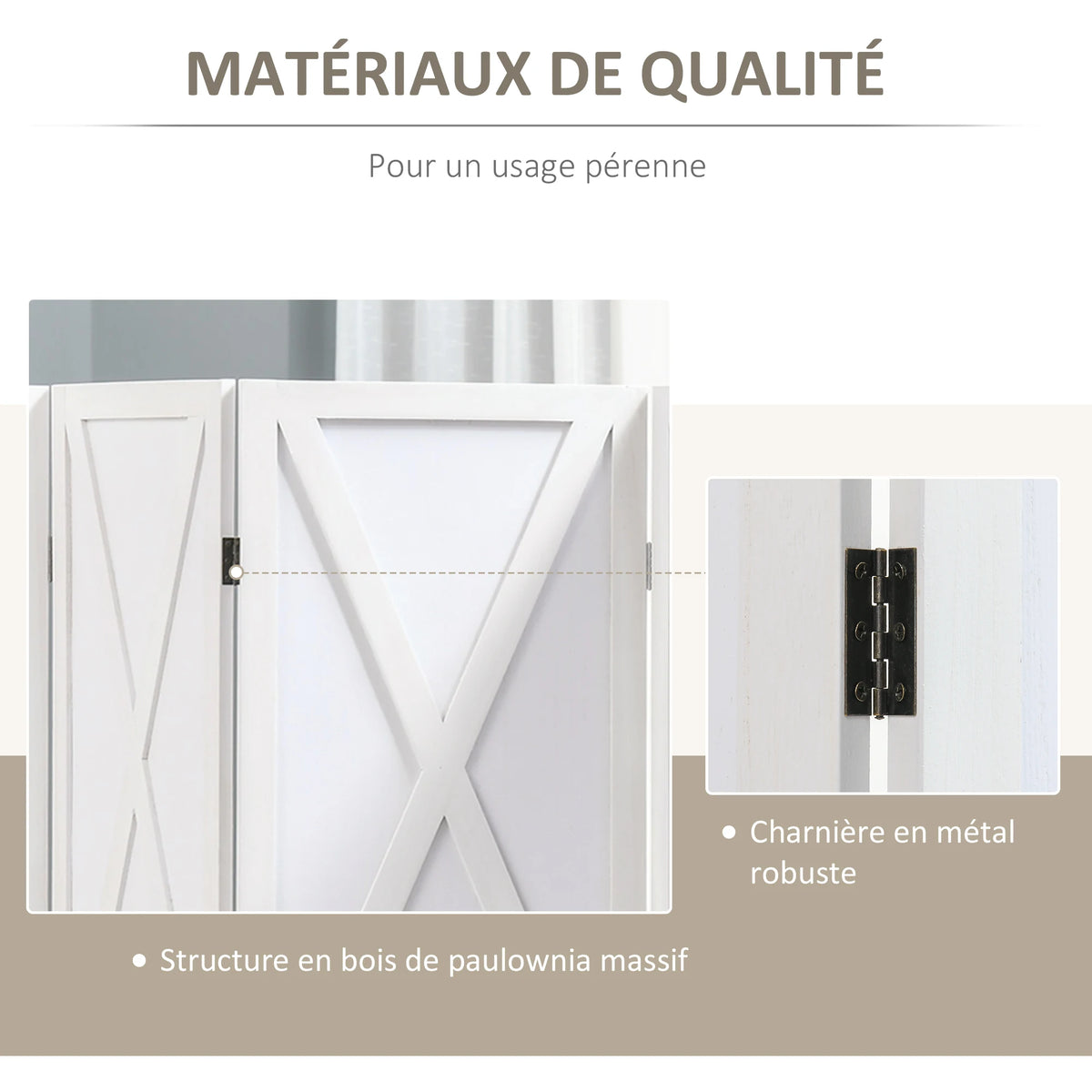 Paravent 4 panneaux en bois de paulownia – blanc, croisillons