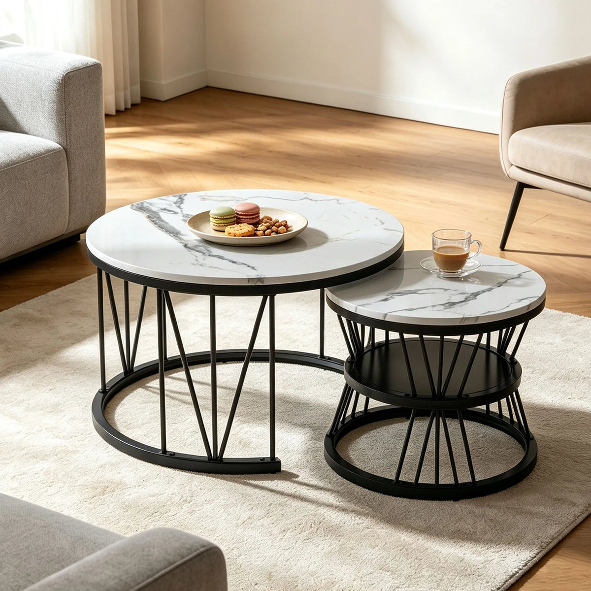 Tables basses gigognes rondes motif marbre et métal noir