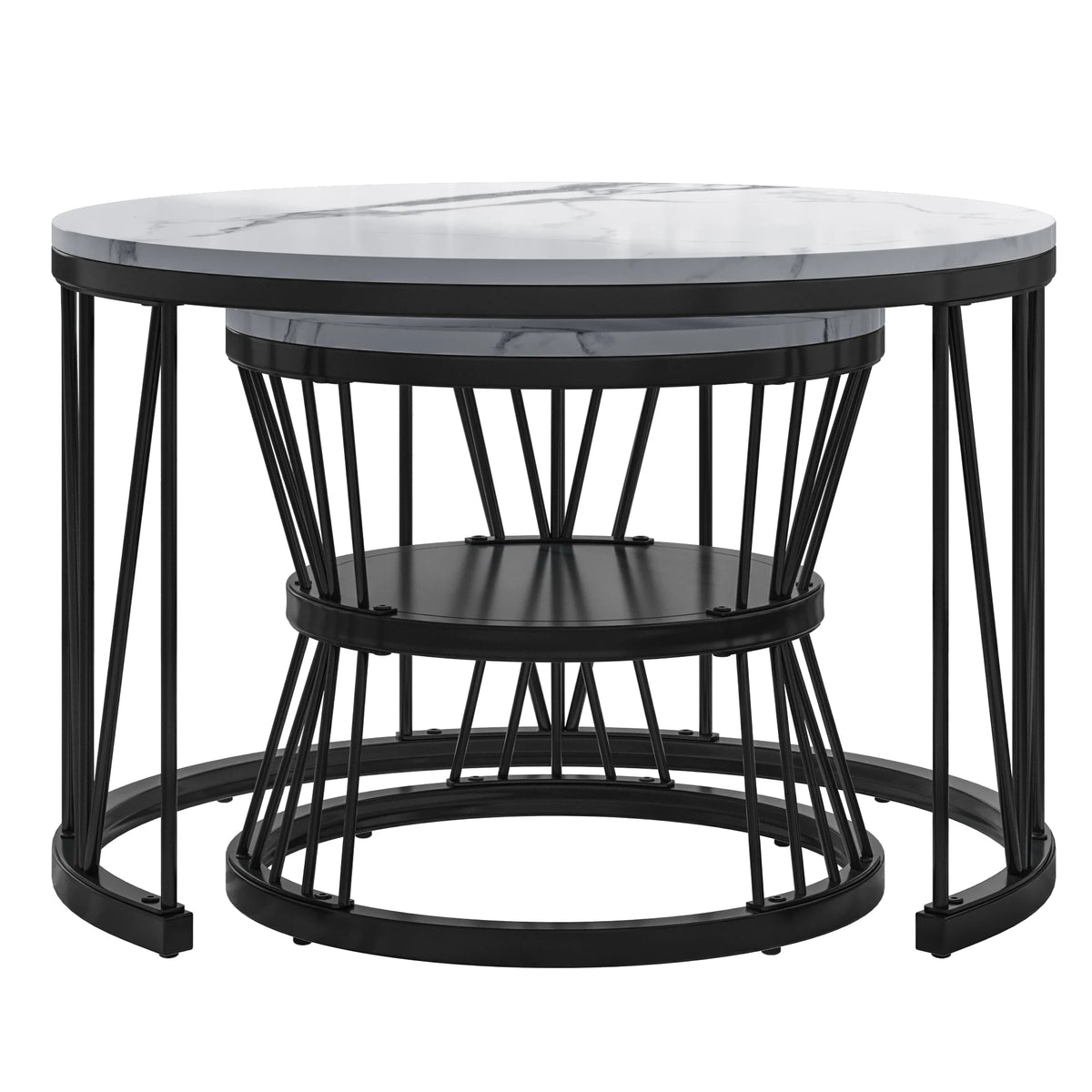 Tables basses gigognes rondes motif marbre et métal noir