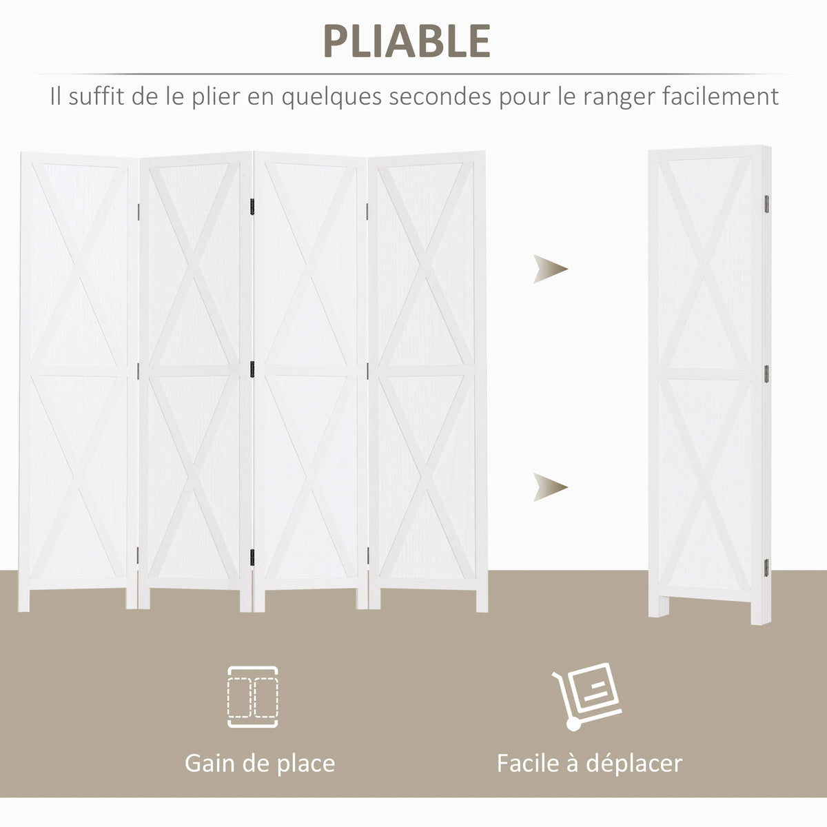 Paravent 4 panneaux en bois de paulownia – blanc, croisillons