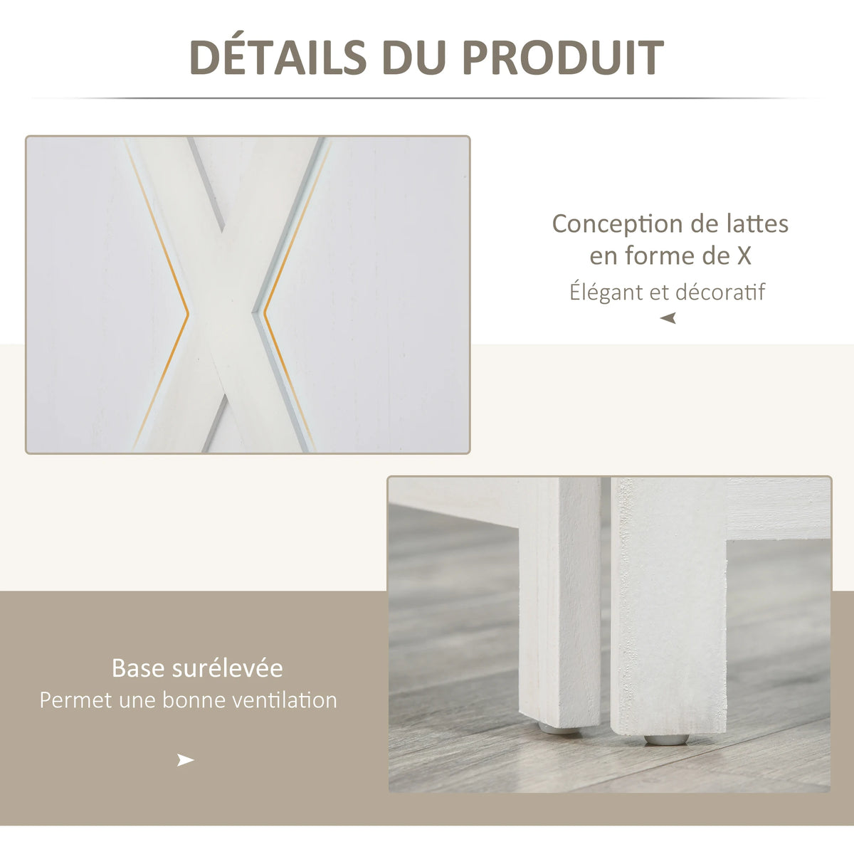 Paravent 4 panneaux en bois de paulownia – blanc, croisillons