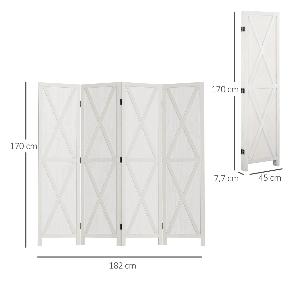 Paravent 4 panneaux en bois de paulownia – blanc, croisillons
