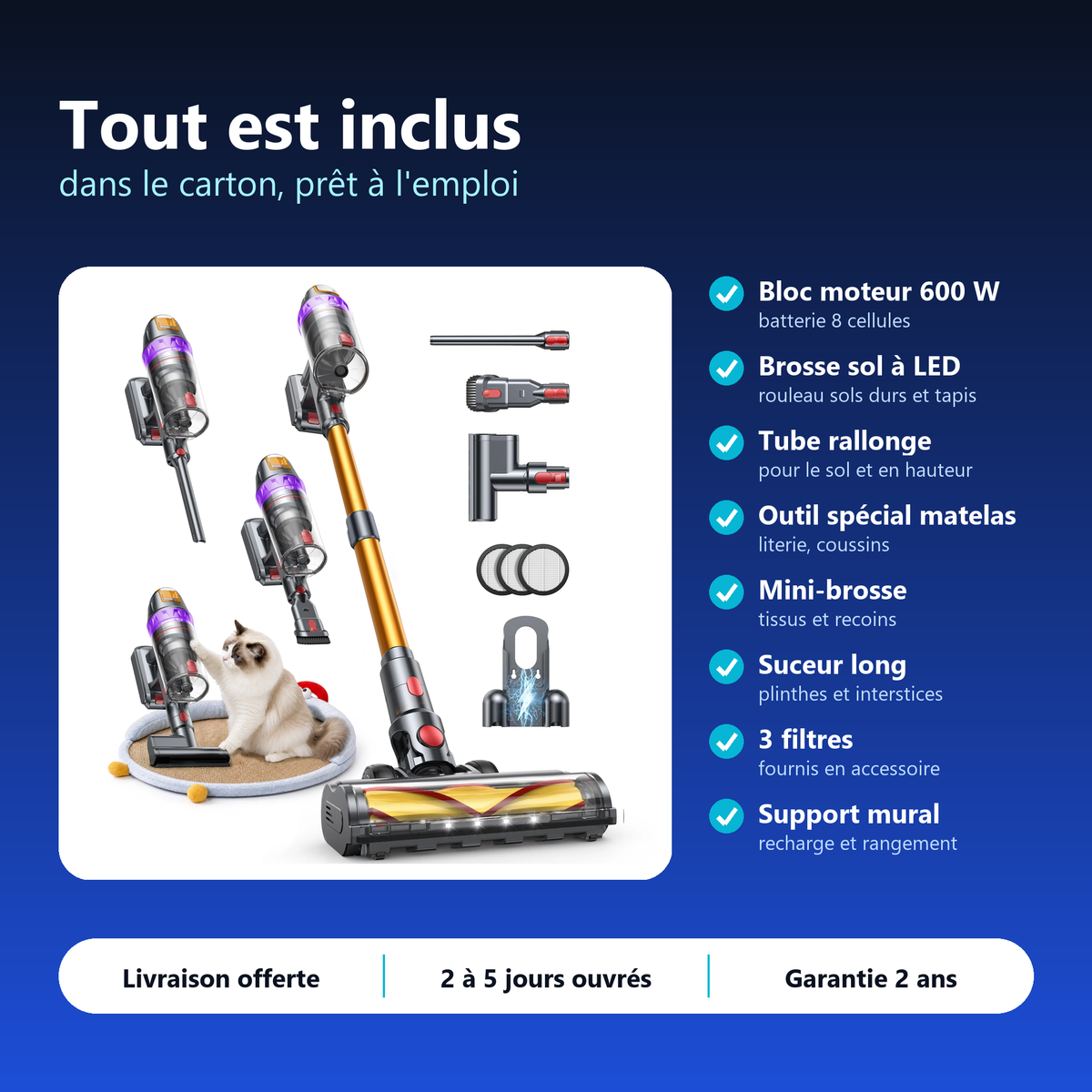 Aspirateur balai sans fil avec mode automatique intelligent : tout ce qui est inclus dans le carton