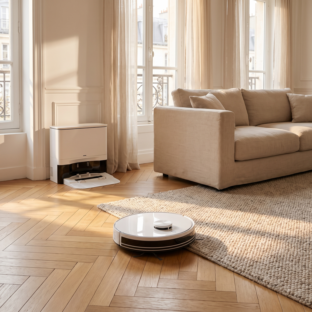 Robot aspirateur laveur avec station de vidage automatique dans un intérieur