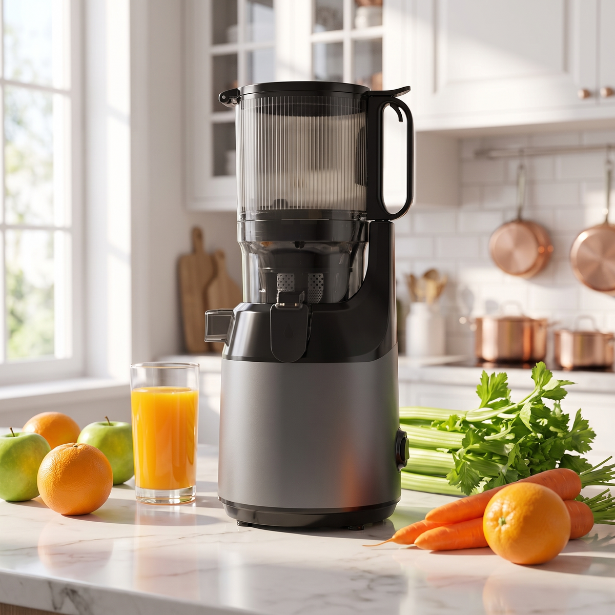 Extracteur de jus à rotation lente avec goulotte de 130 mm dans un intérieur