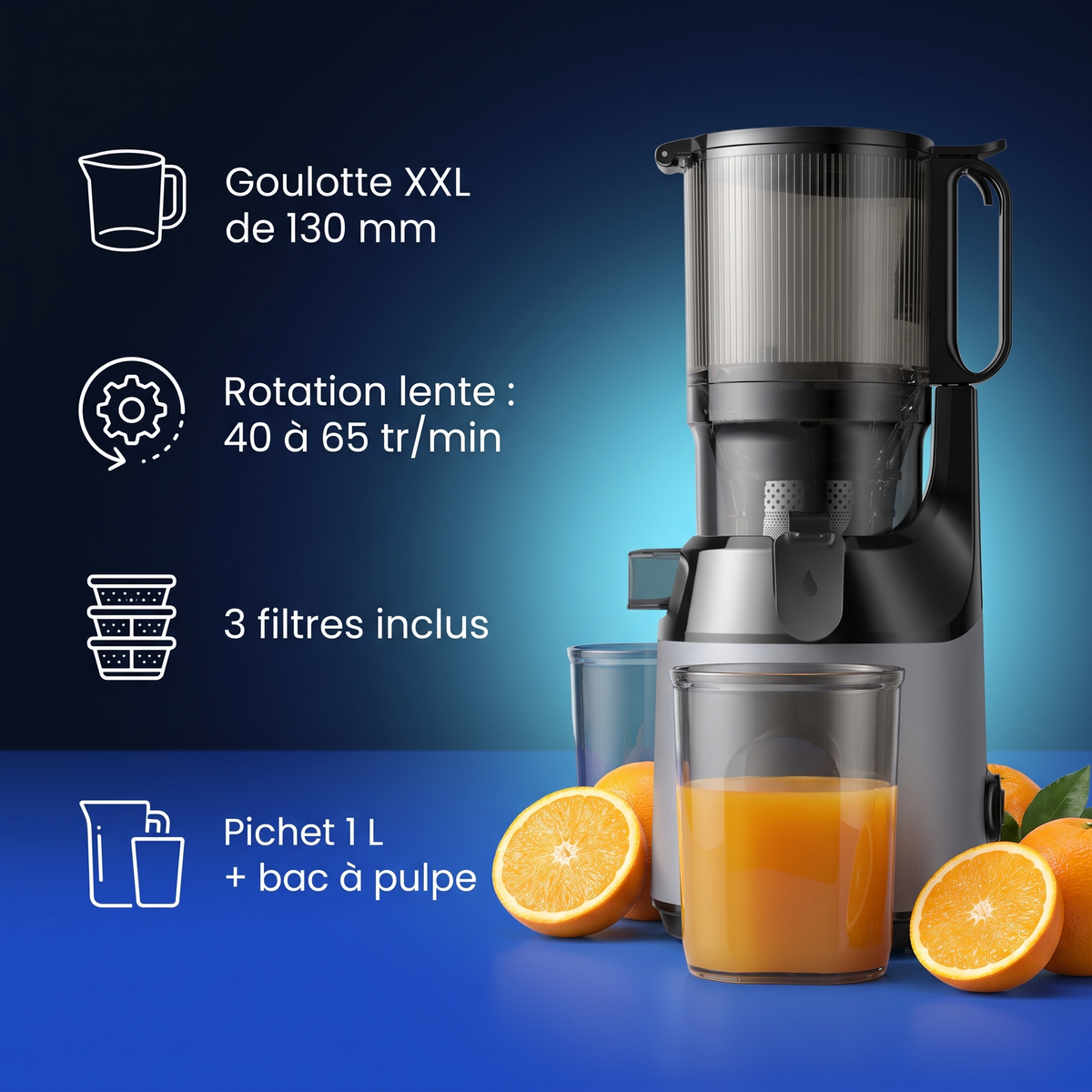 Extracteur de jus à rotation lente avec goulotte de 130 mm : points forts