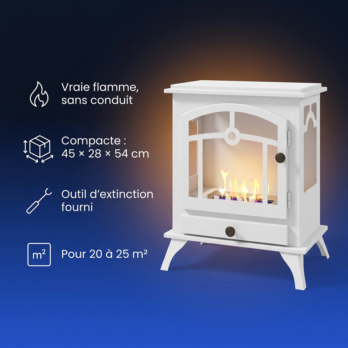 Cheminée bioéthanol autoportante style poêle, blanche : points forts