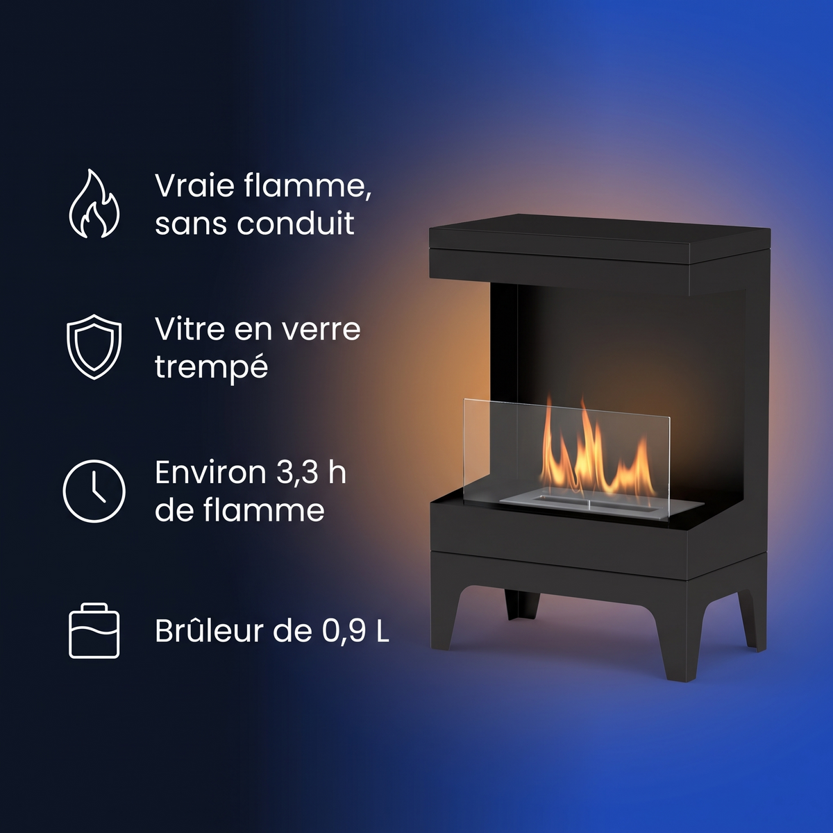 Cheminée bioéthanol noire avec vitre en verre trempé : points forts