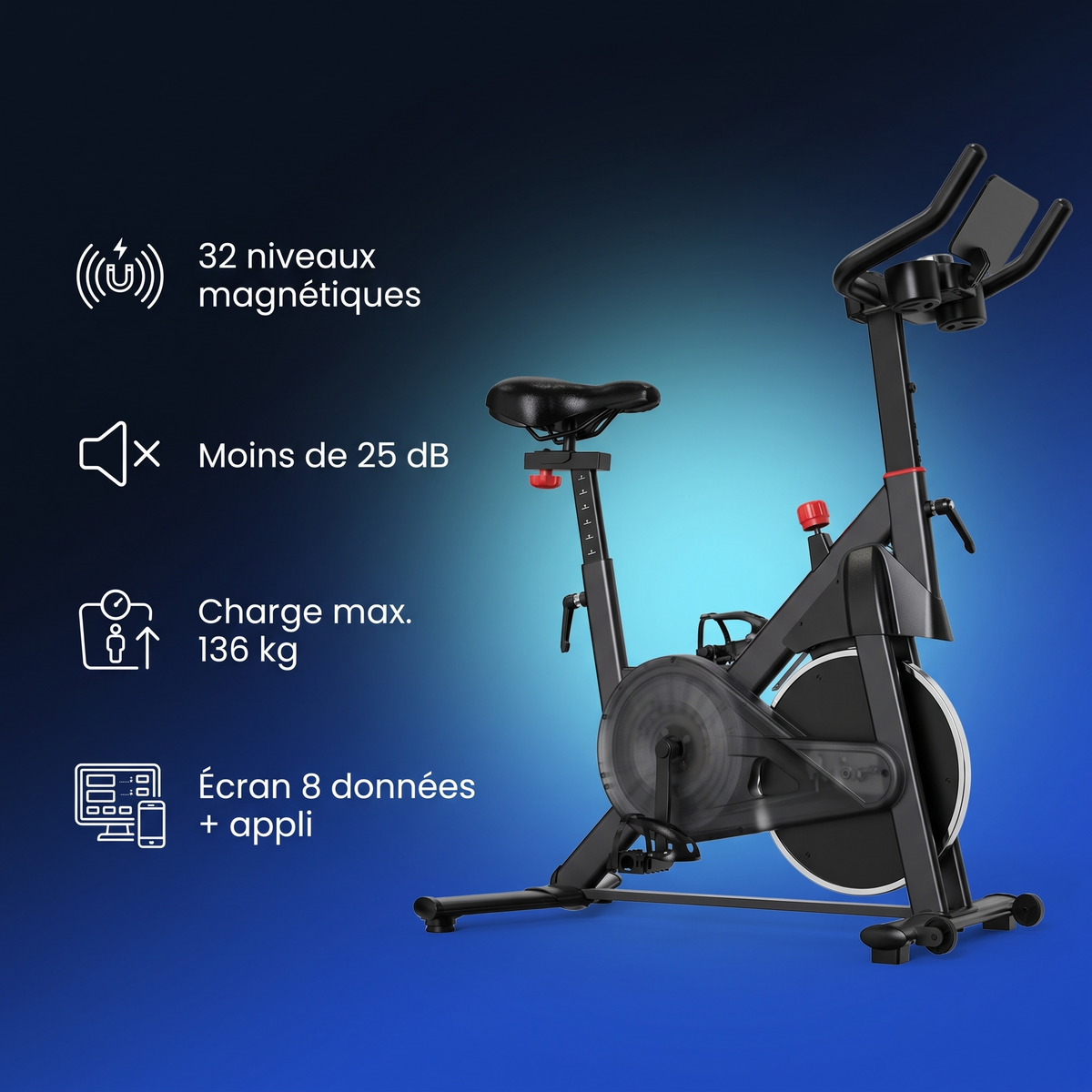 Vélo d'appartement magnétique silencieux 32 niveaux, vue de détail