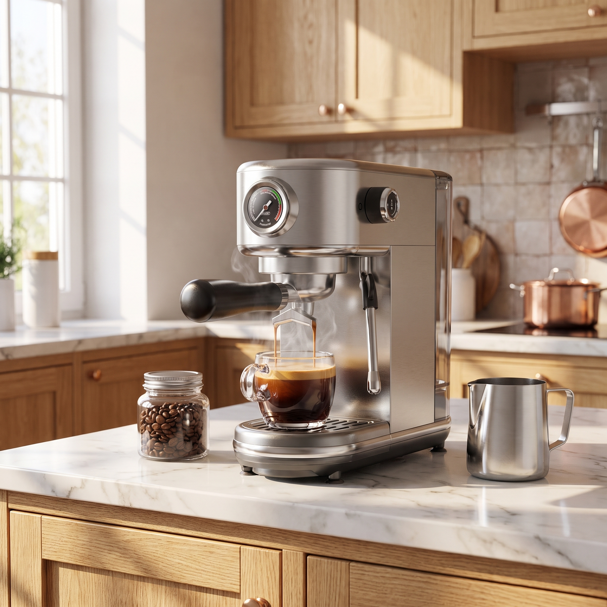 Machine expresso 20 bars avec manomètre et buse vapeur dans un intérieur