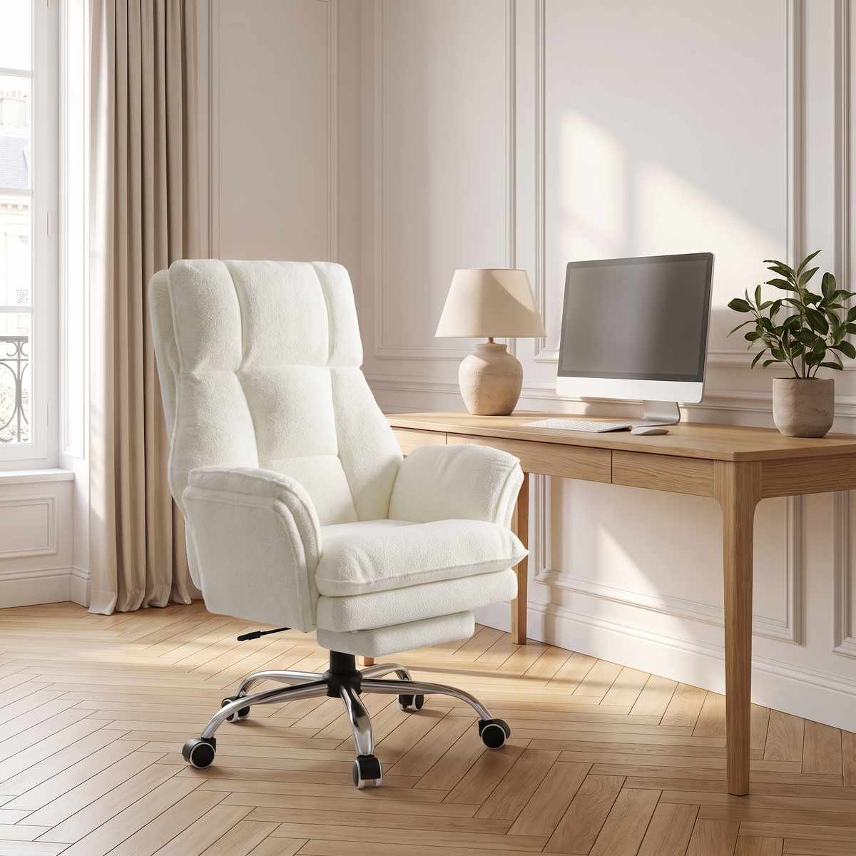 Fauteuil de bureau moelleux inclinable avec accoudoirs relevables dans un intérieur