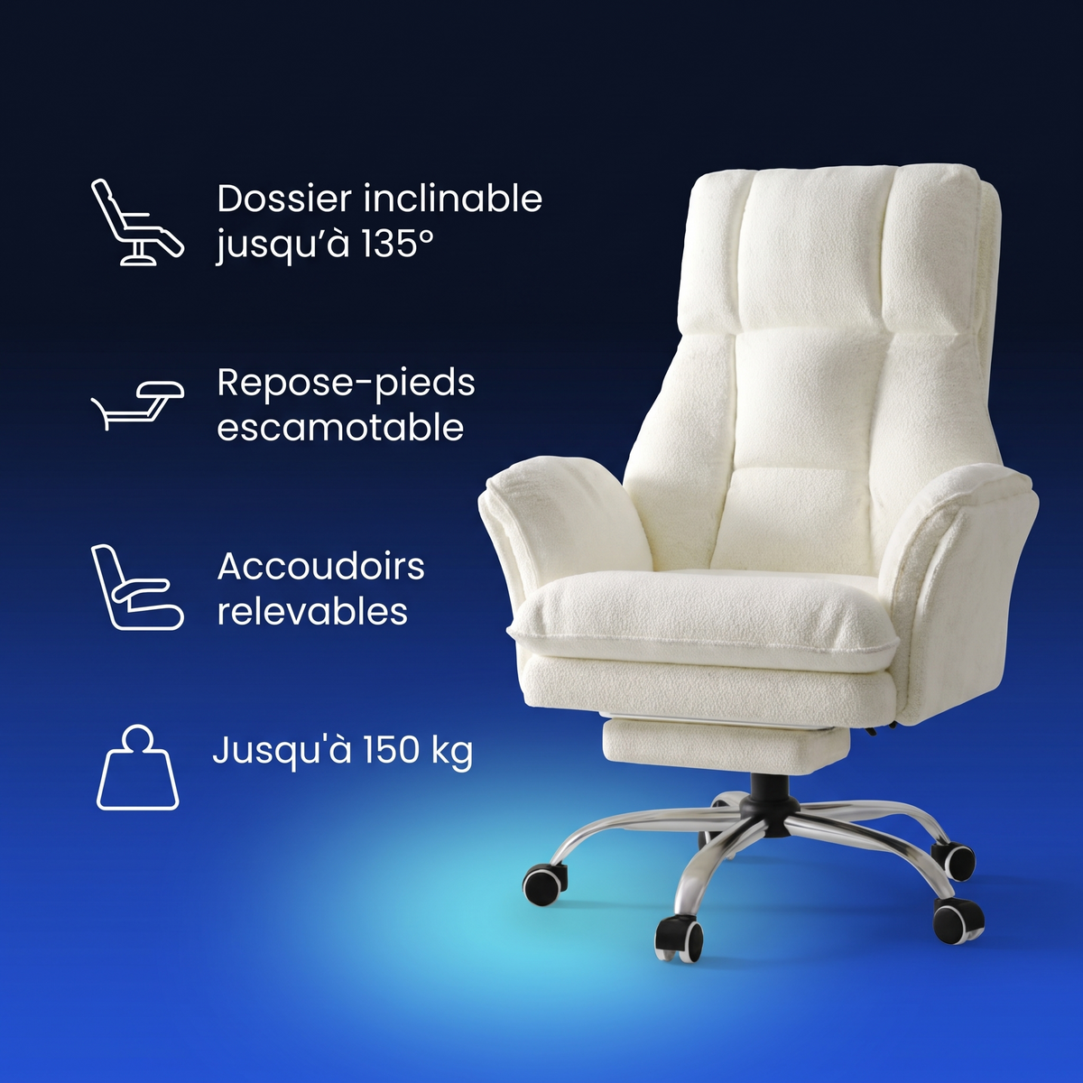 Fauteuil de bureau moelleux inclinable avec accoudoirs relevables : points forts