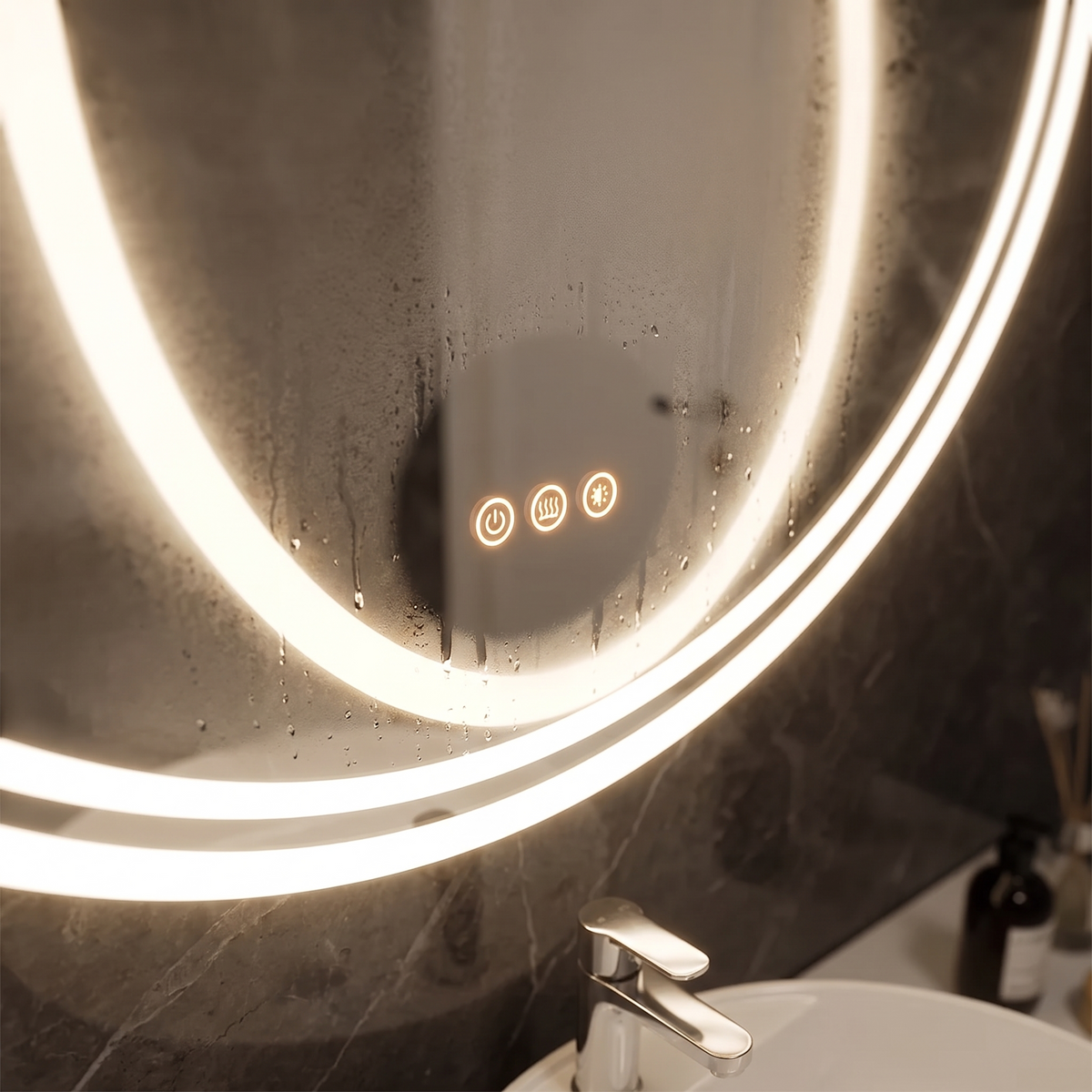 Miroir rond lumineux 80 cm à commande tactile et désembuage, vue de détail