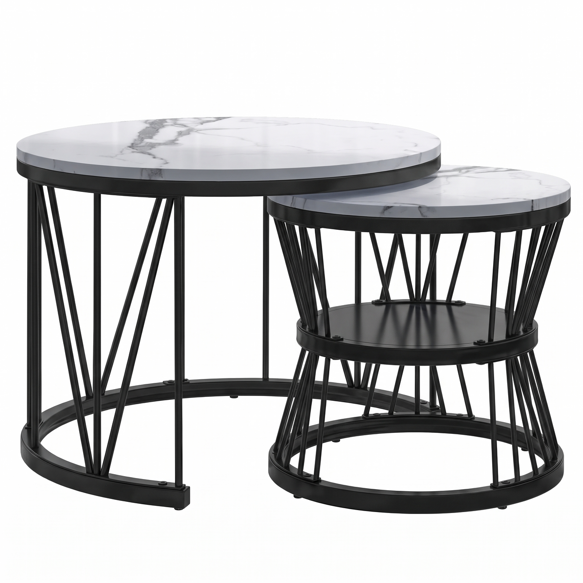 Tables basses gigognes rondes motif marbre et métal noir