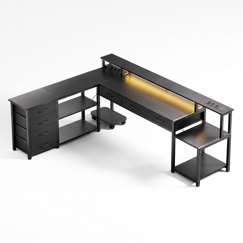 Bureau d'angle avec tiroirs, prises USB et étagère d'écran