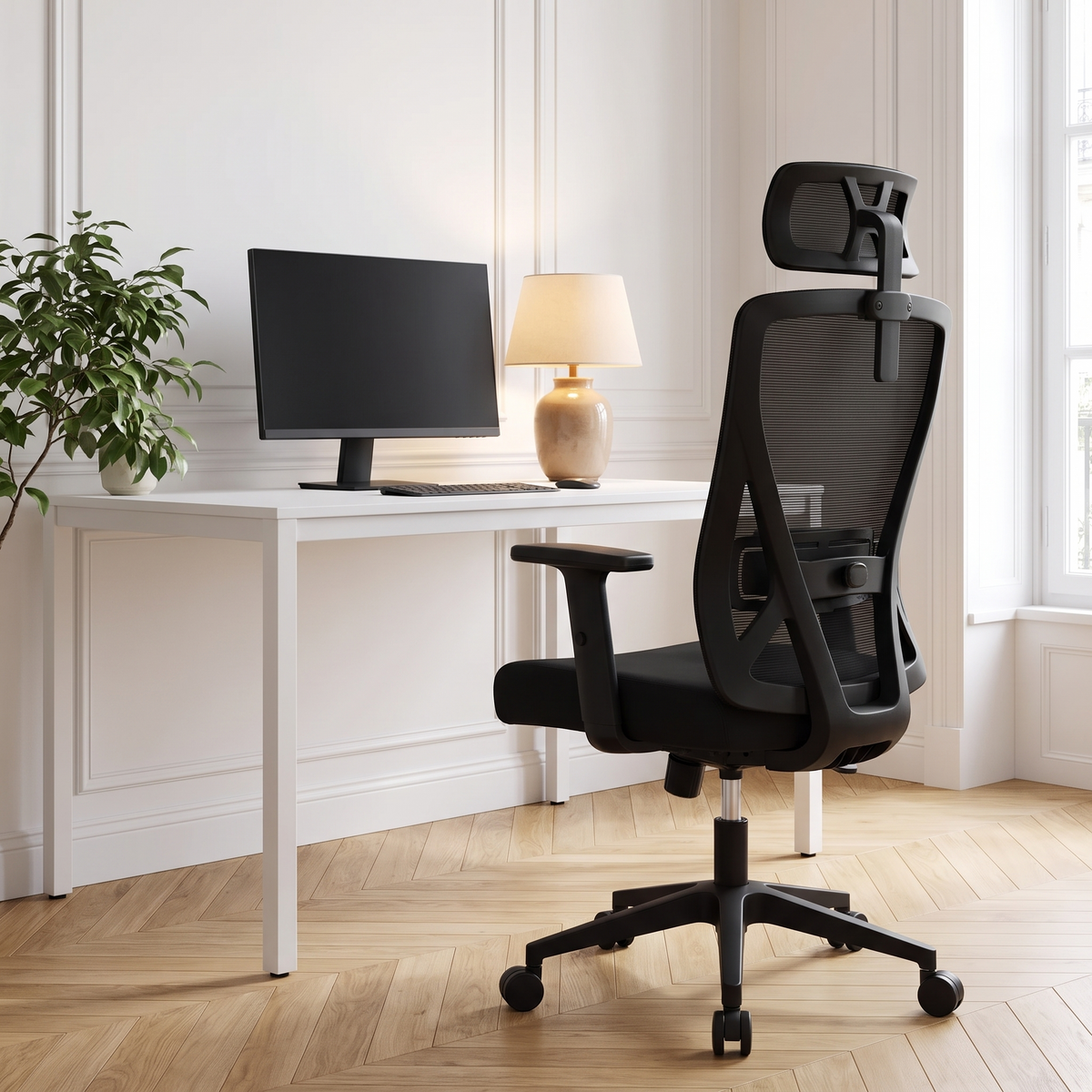 Fauteuil de bureau en maille respirante avec têtière réglable dans un intérieur