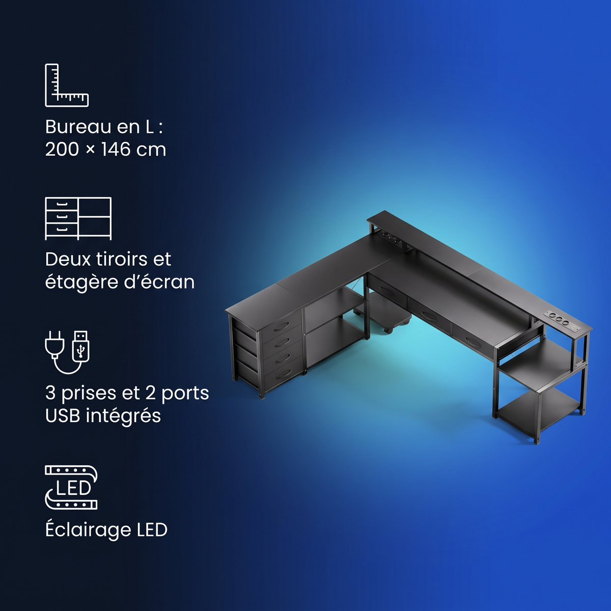 Bureau d'angle avec tiroirs, prises USB et étagère d'écran : points forts