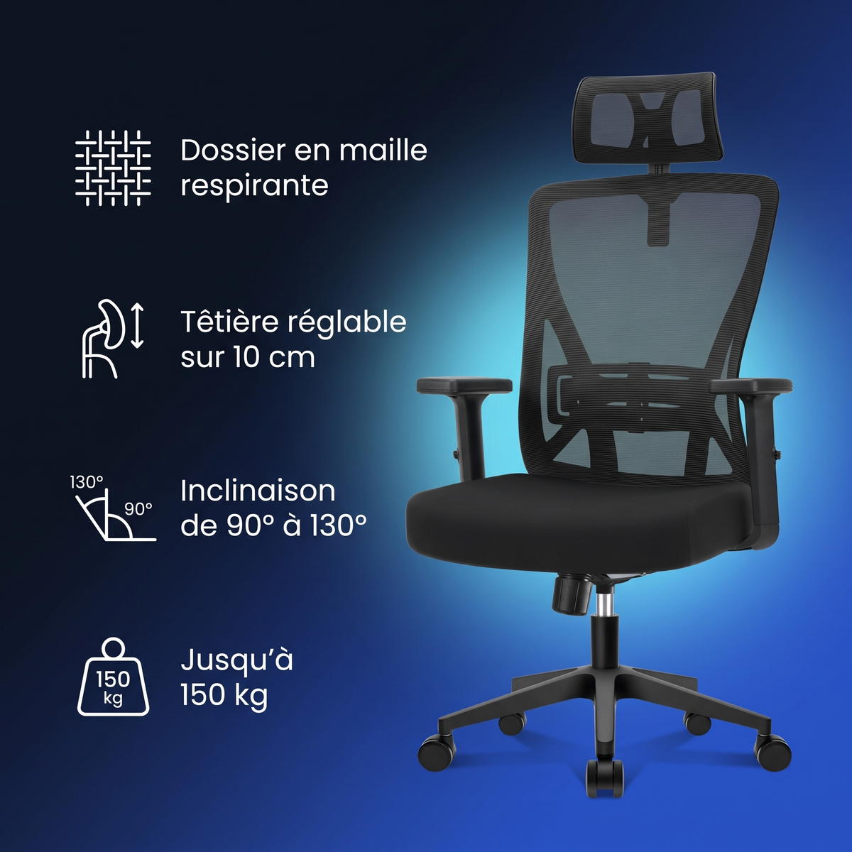 Fauteuil de bureau en maille respirante avec têtière réglable : points forts