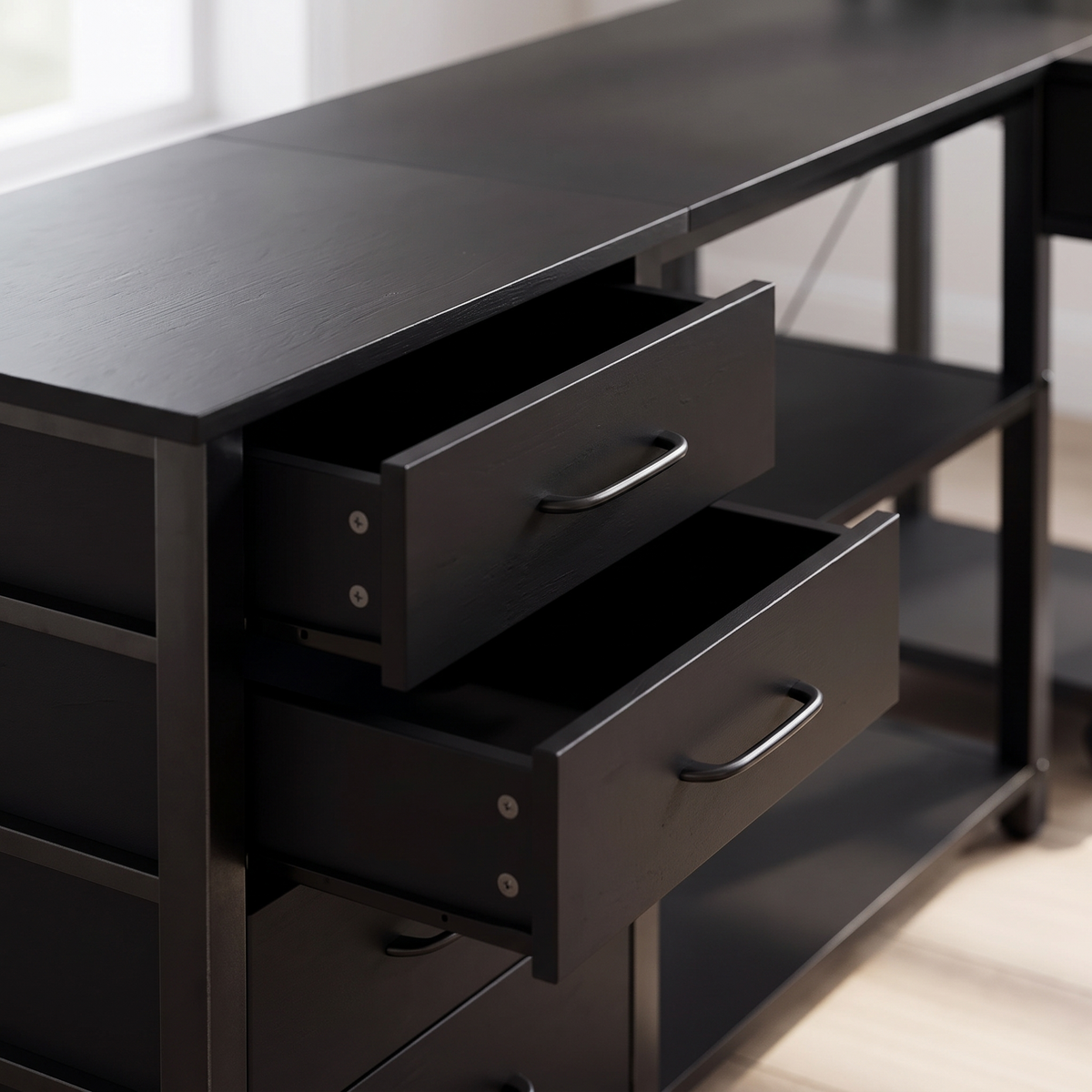 Bureau d'angle avec tiroirs, prises USB et étagère d'écran, vue de détail
